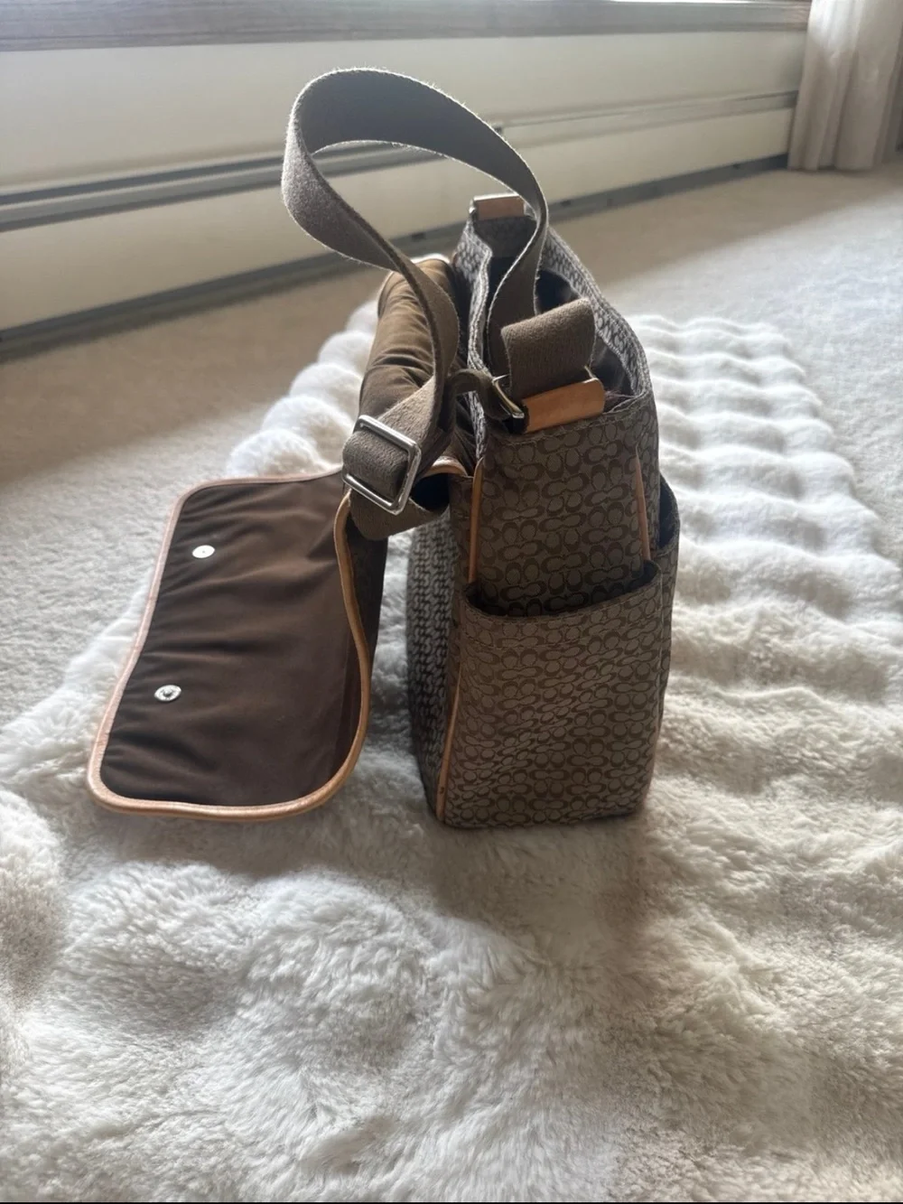 Coach Brown Signature Canvas Diaper Bag with Tan Leather Trim